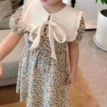 Летнее повседневное платье для девочек, детская одежда с цветочным принтом, лоскутное платье принцессы с бантом для маленьких девочек, детские платья с цветочным узором для девочек 90