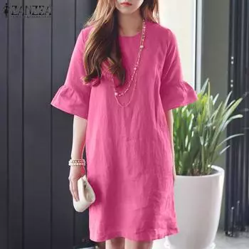 Летнее повседневное платье-футляр из хлопка с круглым вырезом и расклешенными рукавами M темно-розовый