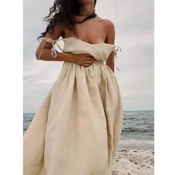 Летнее повседневное платье-майка из хлопка и льна без рукавов, свободного кроя, однотонное, с длинными рукавами S абрикосовый