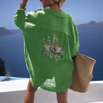 Летнее повседневное платье-рубашка с пайетками и глазом, женская мода, пляжный стиль, свободные пуговицы, защита от солнца, хлопковое льняное платье-рубашка, женские топы XXXXXL белый