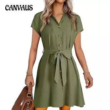 Летнее повседневное платье-рубашка с пряжкой и коротким рукавом, женское праздничное мини-платье с поясом S хаки