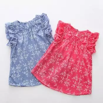 Летнее повседневное платье с цветочным принтом для маленьких девочек, хлопковый детский сарафан с летающими рукавами для малышей M синий