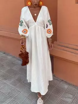 Летнее повседневное платье с глубоким v-образным вырезом и принтом, женское элегантное сексуальное открытое новое платье, женская мода, шикарная вечерняя одежда с длинными рукавами в стиле ретро S белый