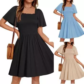 Летнее повседневное платье с коротким рукавом, квадратным вырезом, присборенное, многоярусное, с оборками, струящееся платье M бежевый