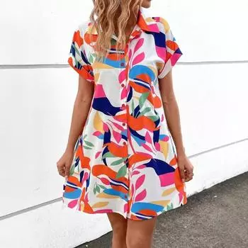 Летнее повседневное платье с короткими рукавами и рубашкой на пуговицах с лацканами Повседневные платья S розы красного