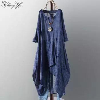 Летнее повседневное платье с круглым вырезом и длинным рукавом, клетчатый принт, нерегулярные длинные платья S вино красного