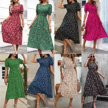 Летнее повседневное платье с круглым вырезом и цветочным принтом, новое свободное платье-фонарик с коротким рукавом, модное платье-трапеция для вечеринок, простое женское праздничное платье, одежда 2813 S красный
