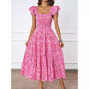 Летнее повседневное платье с квадратным вырезом и оборками на рукавах S