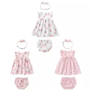 Летнее повседневное платье с расклешенными рукавами и клубничным узором для маленьких девочек, сарафан с повязкой на голову и штанами из полипропилена 66