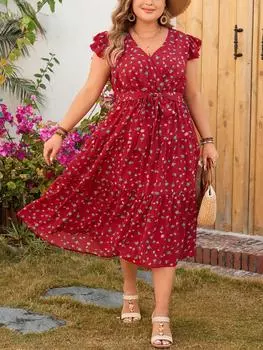 Летнее повседневное платье с рюшами и поясом, женская мода с принтом, высокой талией, длинные платья в виде слова, женский дизайн, стиль, V-образный вырез, фестивальная одежда, леди XL красный
