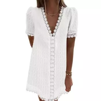 Летнее повседневное платье с v-образным вырезом и короткими рукавами из кружева в горошек S белый