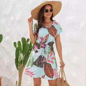 Летнее повседневное платье с V-образным вырезом с V-образным вырезом Женское повседневное свободное платье с высокой талией для праздничного модного халата Femme 25285 S синий