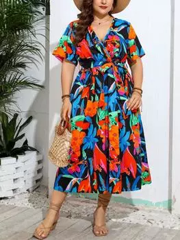 Летнее повседневное платье трапециевидной формы с V-образным вырезом и коротким рукавом. Женский дизайн. Шикарные свободные платья больших размеров с морщинами. Женская Франция. Элегантная эластичная талия на шнуровке. XL красный