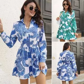 Летнее повседневное свободное мини-платье с принтом пейсли, отложным воротником и эластичной резинкой на талии, с длинными рукавами, женские платья Mujer Vestidos S синий