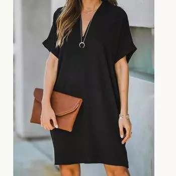 Летнее повседневное свободное однотонное платье женское офисное мини-платье с v-образным вырезом и коротким рукавом плюс размер S чёрный