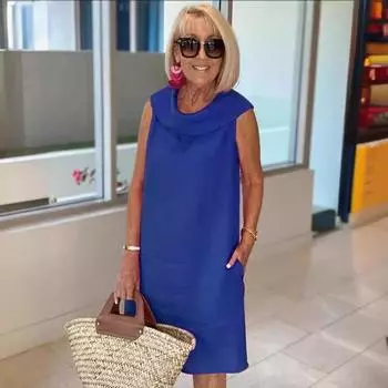 Летнее повседневное свободное платье из хлопка и льна с воротником без рукавов, однотонное платье, повседневные платья S чёрный