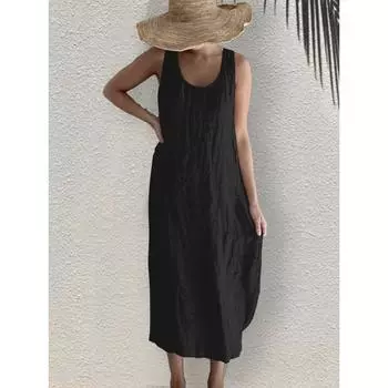 Летнее повседневное свободное платье из хлопка и льна без рукавов с круглым вырезом для женщин с карманами S белый