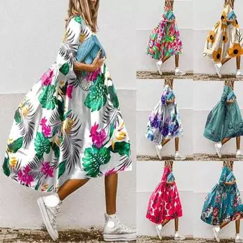 Летнее повседневное свободное платье с принтом на талии, женское модное платье с круглым вырезом и цветочным принтом больших размеров, женское элегантное винтажное платье трапециевидной формы 24059 S