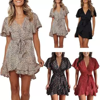 Летнее повседневное вечернее платье с v-образным вырезом и оборками на талии, платье в горошек, пляжное платье, облегающее женское платье с поясом M чёрный