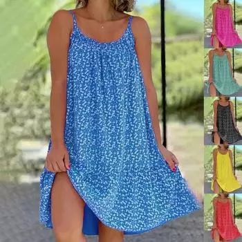 Летнее повседневное женское модное платье с высокой талией Платья без рукавов для женщин Платье с цветочным принтом Платье с круглым вырезом Свободное платье Пляжное платье S