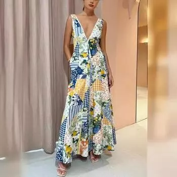 Летнее повседневное женское платье без рукавов из хлопка и льна с принтом и большим V-образным вырезом S синий