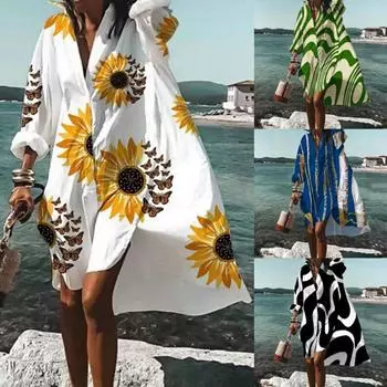 Летнее повседневное женское платье с принтом, свободное, большого размера, с длинным рукавом, А-силуэта, вечернее платье-рубашка, элегантная модная праздничная женская одежда 3391 S