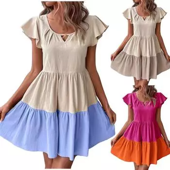 Летнее повседневное женское платье с v-образным вырезом в стиле пэчворк L синий