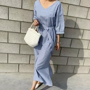 Летнее повседневное женское платье, свободное винтажное платье с v-образным вырезом и половиной рукавов для женщин, полосатое платье из хлопка и льна S синий