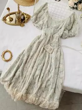 Летнее праздничное платье Fairy, женское, во французском стиле, винтажное, ретро, шифоновое платье, женское, с рукавами-фонариками, повседневное, элегантное, с цветочным принтом, новинка 2024 года S зелёный