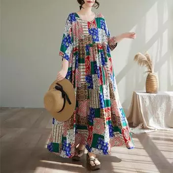 Летнее праздничное платье в стиле бохо больших размеров для женщин, повседневное, с принтом, свободное, винтажное, с коротким рукавом, с круглым вырезом, А-силуэтом, платья для женщин, одежда One Size