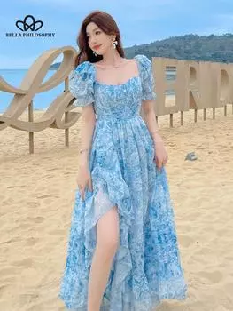 Летнее праздничное пляжное платье макси в стиле бохо с оборками, женское платье с коротким рукавом и цветочным принтом, элегантное вечернее платье, длинное платье S синий