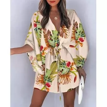 Летнее праздничное пляжное платье с принтом на шнуровке, короткое платье в стиле бохи с v-образным вырезом, женская свободная повседневная одежда с летающими рукавами и пуговицами 26524 S орион