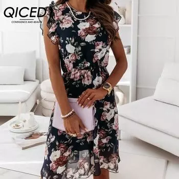 Летнее праздничное шифоновое платье QICED с круглым вырезом и короткими рукавами и принтом розы S белый