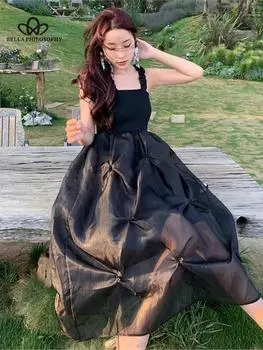 Летнее приморское черное сетчатое платье-комбинация в стиле пэчворк, плиссированное платье S чёрный