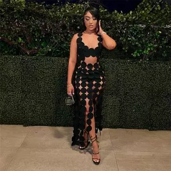 Летнее прозрачное черное сексуальное вечернее платье без рукавов, женское полое вечернее платье с высокой талией, облегающее вечернее платье, женские однотонные платья с открытой спиной и высокой талией 24389 S чёрный