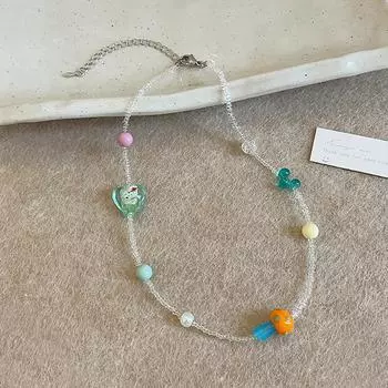 Летнее радужное допаминовое прозрачное ожерелье из бисера в виде гриба женственность сладкая нишевая модная цепочка на шею ключичная цепочка