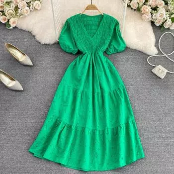 Летнее ретро-дизайн с V-образным вырезом, полой плиссированной талией и тонким платьем А-силуэта One Size чёрный