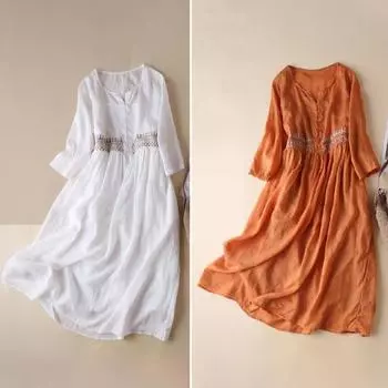 Летнее ретро-платье миди в этническом стиле с вышивкой и принтом, повседневное платье трапециевидной формы длиной до середины икры с длинными рукавами и пуговицами, полупланка L оранжевый