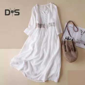 Летнее ретро-платье в этническом стиле с вышитым принтом и миди-платьем с круглым вырезом, длинными рукавами и пуговицами, повседневное платье А-силуэта длиной до середины голени 3XL оранжевый