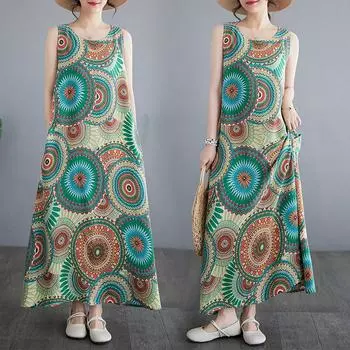 Летнее ретро свободное хлопковое льняное платье с круглым вырезом без рукавов жилет средней длины для женщин повседневные платья M