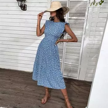 Летнее ретро женское шикарное длинное платье миди без рукавов с высокой талией и цветочным принтом S синий