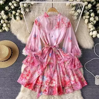 Летнее романтическое праздничное шифоновое платье с цветочным принтом, женское платье с воротником-бабочкой и длинными расклешенными рукавами на шнуровке розового цвета, свободное мини-платье трапециевидной формы S розовый