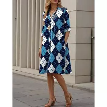 Летнее ромбовидное сеточное сращивание 3D цифровая печать свободное и элегантное женское платье-рубашка S