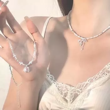 Летнее серебряное жемчужное ожерелье-бантик: Элегантная, роскошная и женственная цепочка на ключицу N0837