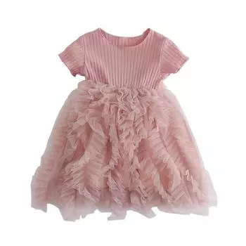 Летнее сетчатое пышное платье-юбка для девочек 1-7 лет, розовое платье принцессы с короткими рукавами 130