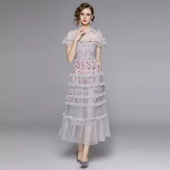 Летнее сетчатое вышитое цветочное длинное пляжное праздничное платье миди, женское платье с воротником-стойкой и бабочкой с коротким рукавом, модные элегантные вечерние платья S