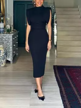 Летнее сексуальное элегантное однотонное платье без рукавов женское повседневное облегающее вечернее платье с разрезом и круглым вырезом женская мода шикарная уличная одежда с запахом S чёрный