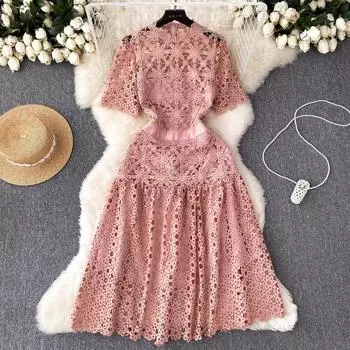 Летнее сексуальное ажурное вязаное крючком кружевное платье с цветочным принтом, женское платье с коротким рукавом и круглым вырезом с цветочной вышивкой, свадебная вечеринка, трапециевидные платья миди S чёрный