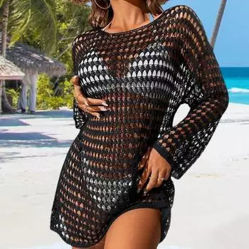 Летнее сексуальное бикини, накидка с круглым вырезом и длинными рукавами, вязаное крючком пляжное платье, сплошной цвет, прозрачный полый купальник, накидка белый