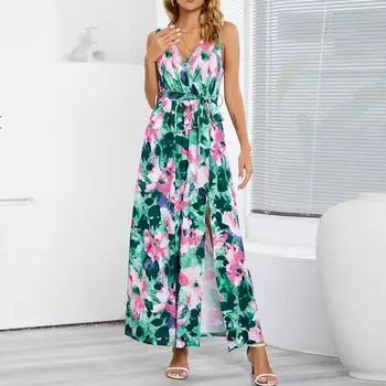 Летнее сексуальное богемное платье с принтом, пляжное женское элегантное праздничное длинное платье без рукавов с высоким разрезом, повседневное Vestidos De Verano 25208 S синий